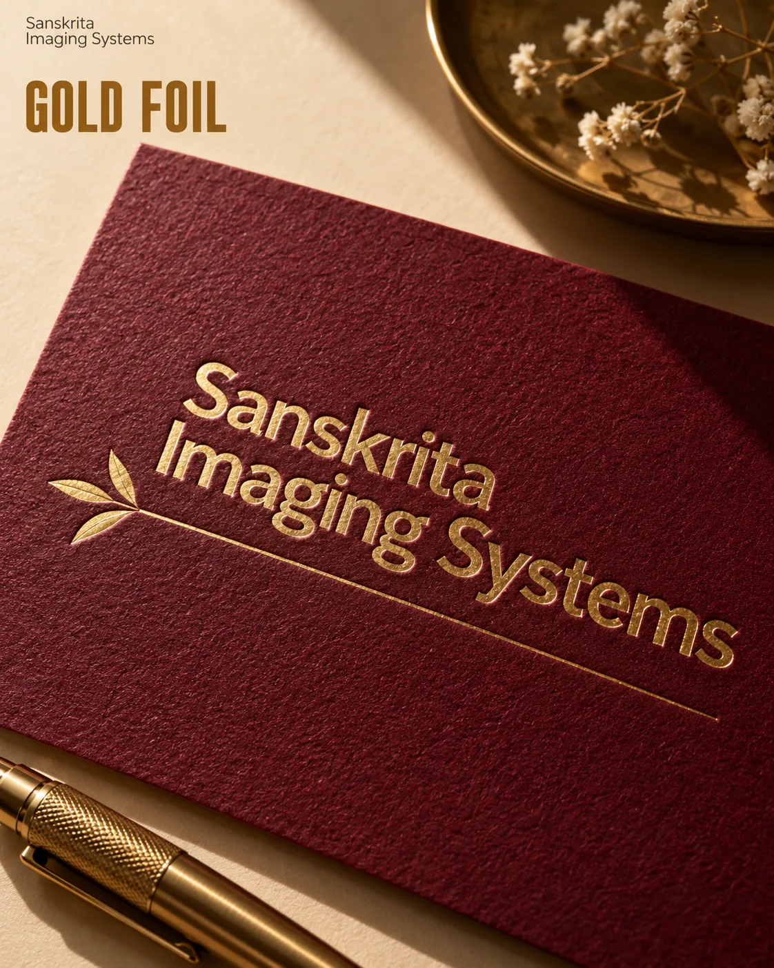 Close-up of gold foil lettering on a maroon card