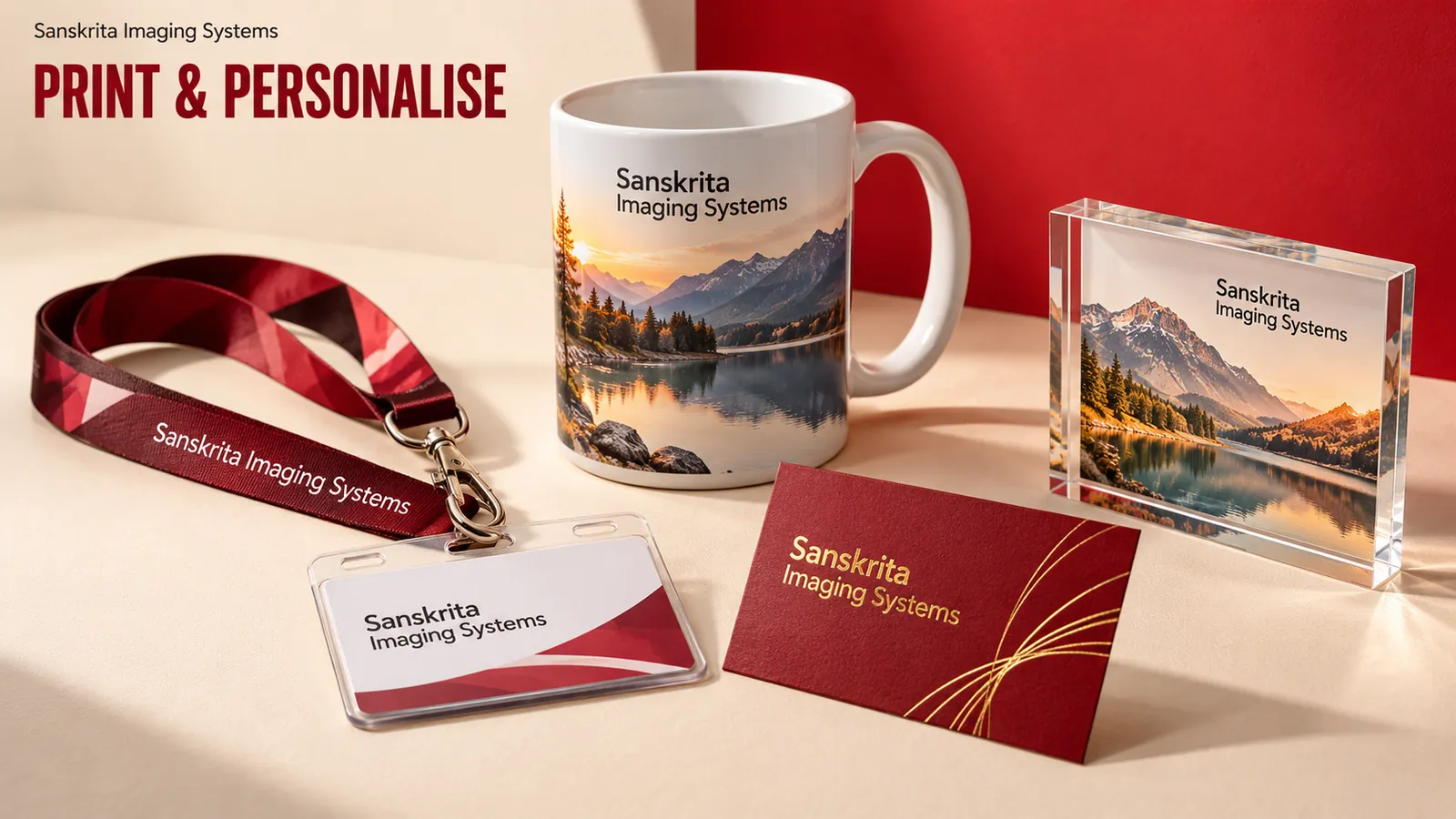 An ID card on a lanyard, a foil card, a photo mug and an acrylic block, made by Sanskrita Imaging Systems