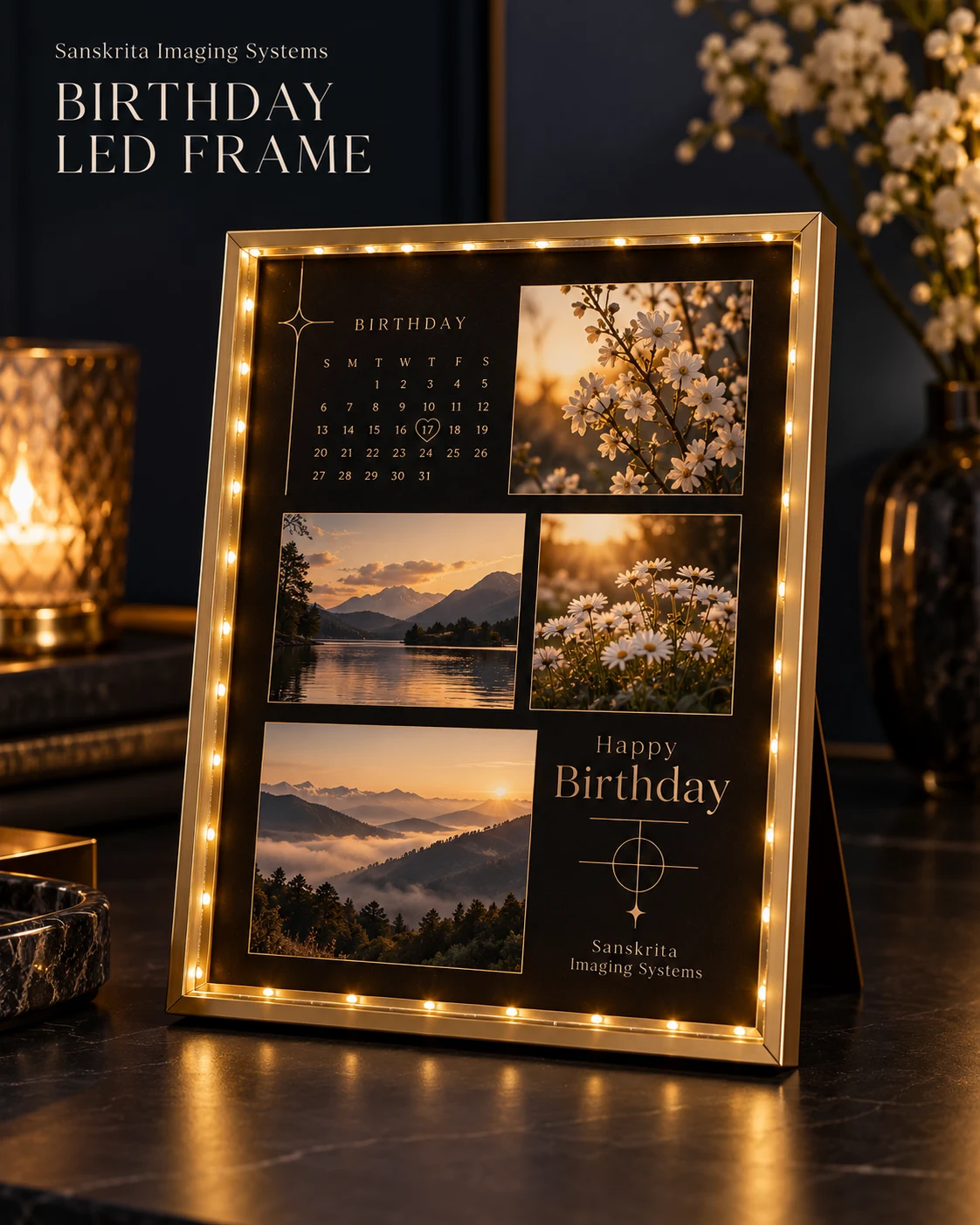 Birthday LED calendar frame with an alternative printed finish