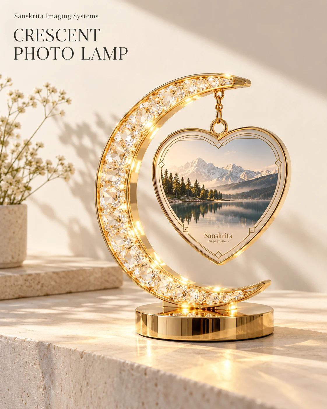 Crescent photo lamp with an alternative printed finish